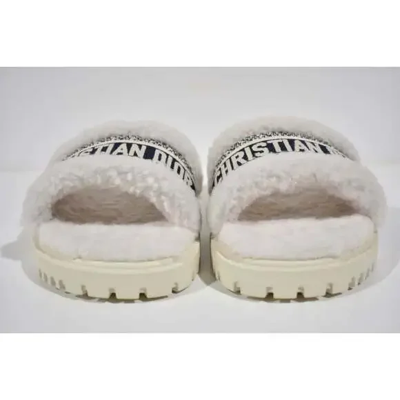 Christian Dior Dway Blue White Shearling Fur Logo Chunky Slide Flat Sandal 40